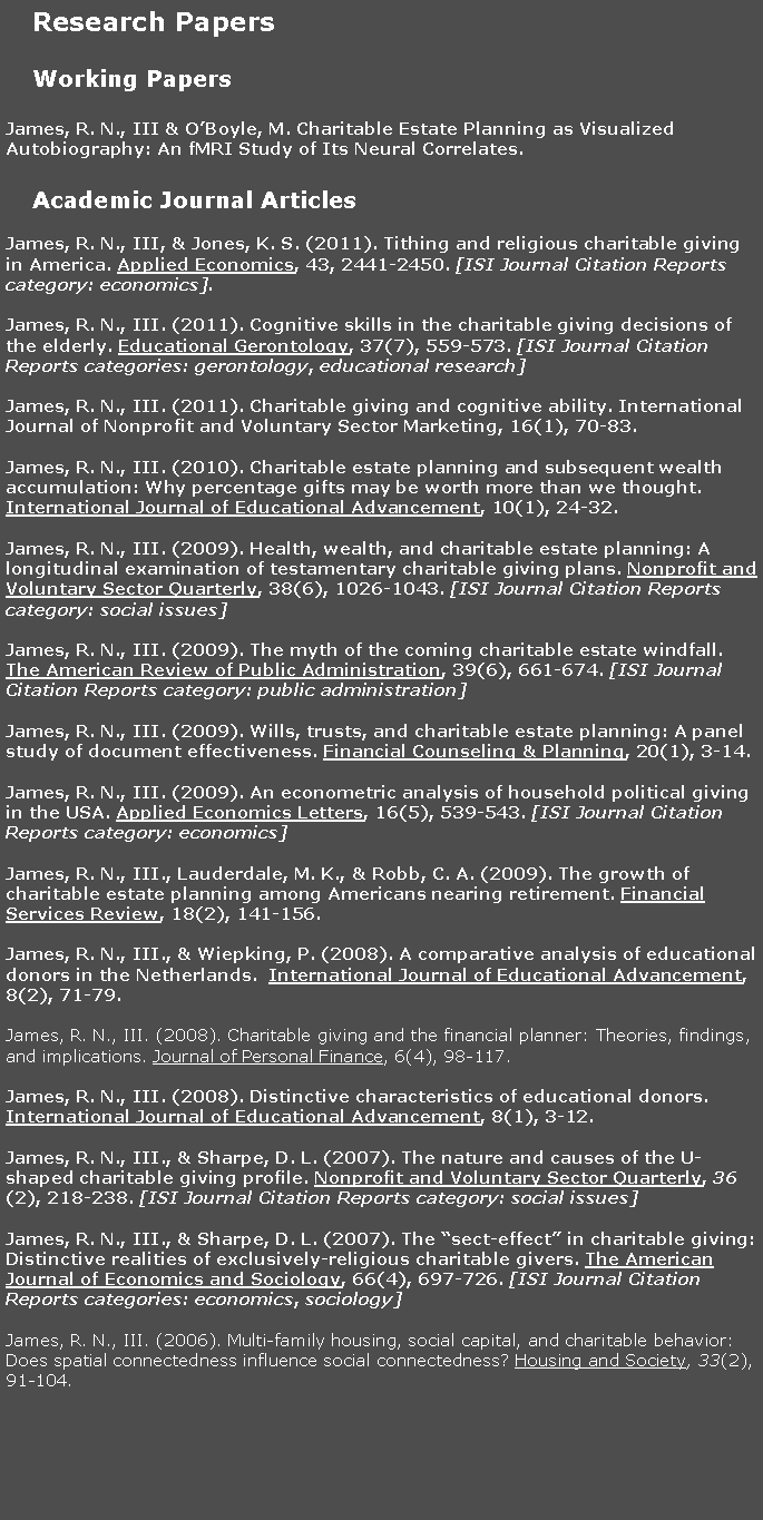 Text Box: Research PapersWorking PapersJames, R. N., III & OBoyle, M. Charitable Estate Planning as Visualized Autobiography: An fMRI Study of Its Neural Correlates.Academic Journal ArticlesJames, R. N., III, & Jones, K. S. (2011). Tithing and religious charitable giving in America. Applied Economics, 43, 2441-2450. [ISI Journal Citation Reports category: economics]. James, R. N., III. (2011). Cognitive skills in the charitable giving decisions of the elderly. Educational Gerontology, 37(7), 559-573. [ISI Journal Citation Reports categories: gerontology, educational research]James, R. N., III. (2011). Charitable giving and cognitive ability. International Journal of Nonprofit and Voluntary Sector Marketing, 16(1), 70-83.James, R. N., III. (2010). Charitable estate planning and subsequent wealth accumulation: Why percentage gifts may be worth more than we thought. International Journal of Educational Advancement, 10(1), 24-32.James, R. N., III. (2009). Health, wealth, and charitable estate planning: A longitudinal examination of testamentary charitable giving plans. Nonprofit and Voluntary Sector Quarterly, 38(6), 1026-1043. [ISI Journal Citation Reports category: social issues] James, R. N., III. (2009). The myth of the coming charitable estate windfall. The American Review of Public Administration, 39(6), 661-674. [ISI Journal Citation Reports category: public administration]James, R. N., III. (2009). Wills, trusts, and charitable estate planning: A panel study of document effectiveness. Financial Counseling & Planning, 20(1), 3-14.James, R. N., III. (2009). An econometric analysis of household political giving in the USA. Applied Economics Letters, 16(5), 539-543. [ISI Journal Citation Reports category: economics]James, R. N., III., Lauderdale, M. K., & Robb, C. A. (2009). The growth of charitable estate planning among Americans nearing retirement. Financial Services Review, 18(2), 141-156.James, R. N., III., & Wiepking, P. (2008). A comparative analysis of educational donors in the Netherlands.  International Journal of Educational Advancement, 8(2), 71-79.James, R. N., III. (2008). Charitable giving and the financial planner: Theories, findings, and implications. Journal of Personal Finance, 6(4), 98-117.James, R. N., III. (2008). Distinctive characteristics of educational donors. International Journal of Educational Advancement, 8(1), 3-12.James, R. N., III., & Sharpe, D. L. (2007). The nature and causes of the U-shaped charitable giving profile. Nonprofit and Voluntary Sector Quarterly, 36(2), 218-238. [ISI Journal Citation Reports category: social issues]James, R. N., III., & Sharpe, D. L. (2007). The sect-effect in charitable giving: Distinctive realities of exclusively-religious charitable givers. The American Journal of Economics and Sociology, 66(4), 697-726. [ISI Journal Citation Reports categories: economics, sociology]James, R. N., III. (2006). Multi-family housing, social capital, and charitable behavior: Does spatial connectedness influence social connectedness? Housing and Society, 33(2), 91-104.